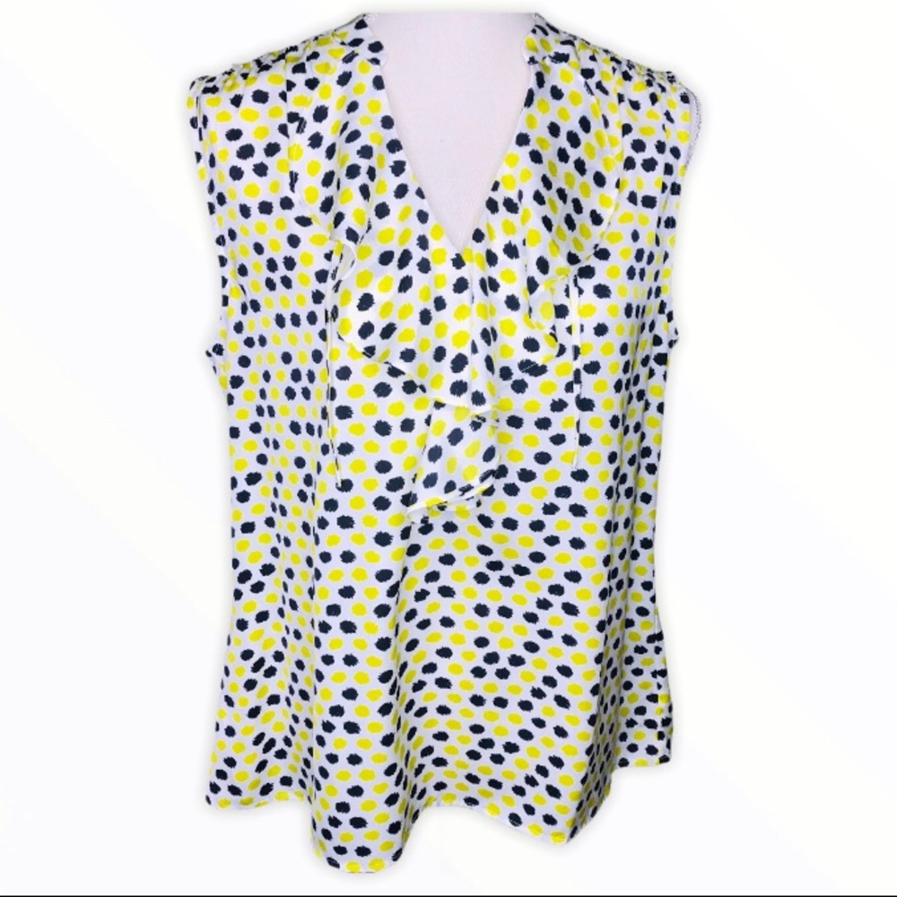 Ann Taylor Dotted Ruffle Front Top Yellow Black L